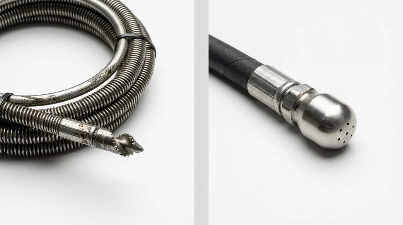 Drain snake cable and hydro jetting nozzle used for drain cleaning in Addison, NY